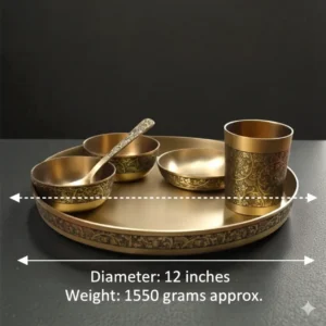 Matt 12Inch Kansa Utensil 6 Piece Embossed Designer Dinner Thali Set - Image 3