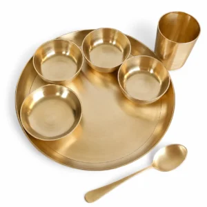 Pure Brass Matt Finish 7-Piece Dinner Set / Thali Set - Image 3