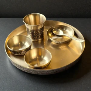 Matt 12Inch Kansa Utensil 6 Piece Embossed Designer Dinner Thali Set - Image 2