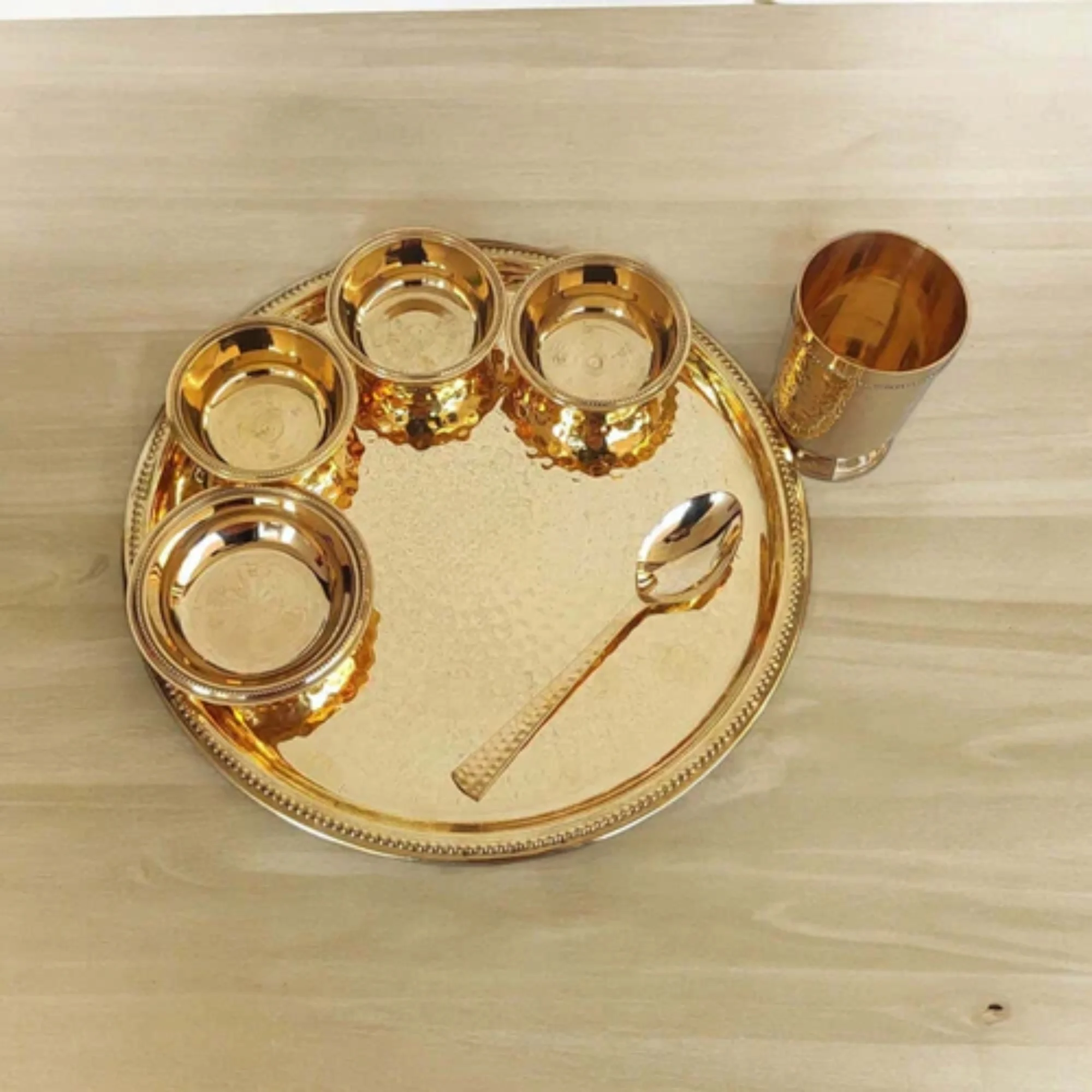 Pure Brass Matt Finish Pure Brass Matt Finish 7-Piece Dinner Set / Thali Set - Image 1