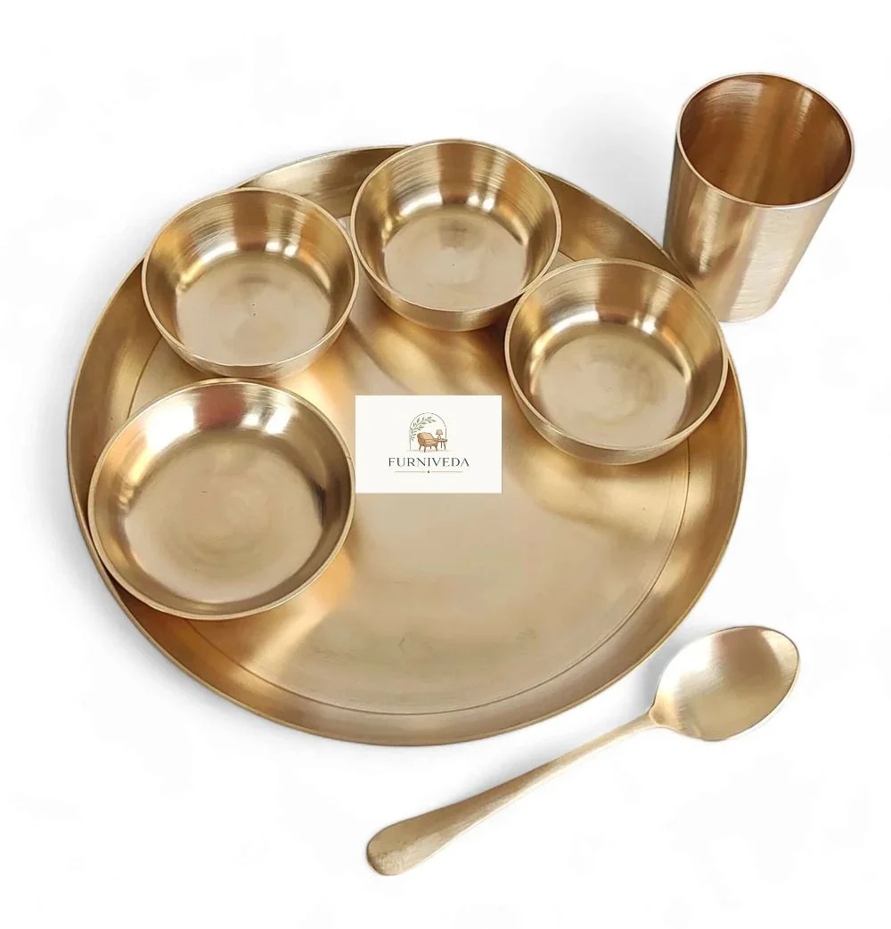 Untitled design Pure Brass Matt Finish 7-Piece Dinner Set / Thali Set - Image 1