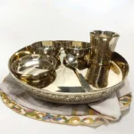 12Inch Kansa Utensil 6 Piece Embossed Designer Dinner Thali Set for Home Hotel Restaurant with 1 Dinner Plate, 2 Bowl, 1 Rice Plate, 1 Glass, & 1 Spoon (80:20 Certified Bronze)